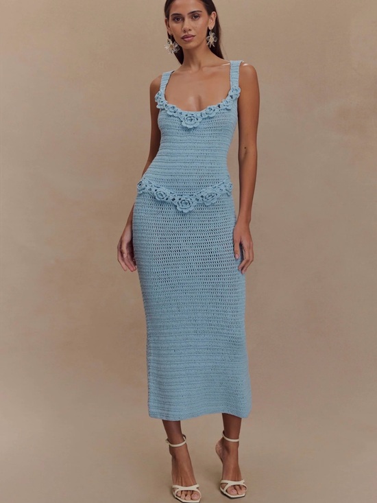 Meshki Dresses & Skirts - Meshki Teagan Floral Hand Crochet Midi Dress - Blue